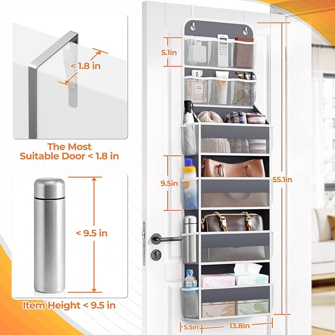 6-Tier Over The Door Organizer with Mesh Pockets, Baby Nursery Storage for Closet, Bathroom and Bedroom, Adjustable Hanging Closet Organizer for Cosmetics, Books and Essentials (Dark Grey)