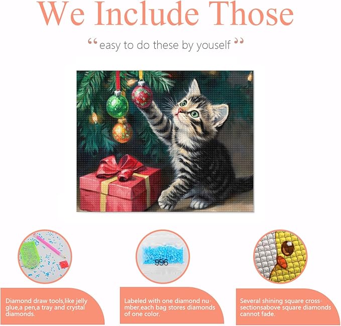 IMLQJES Christmas Diamond Art Kits for Adults - Cat 5D Square Full Drill Gem Art for Beginners - Cat Play with Christmas Tree Animals Diamond Painting Kit for Home Wall Decor 8x10 Inch