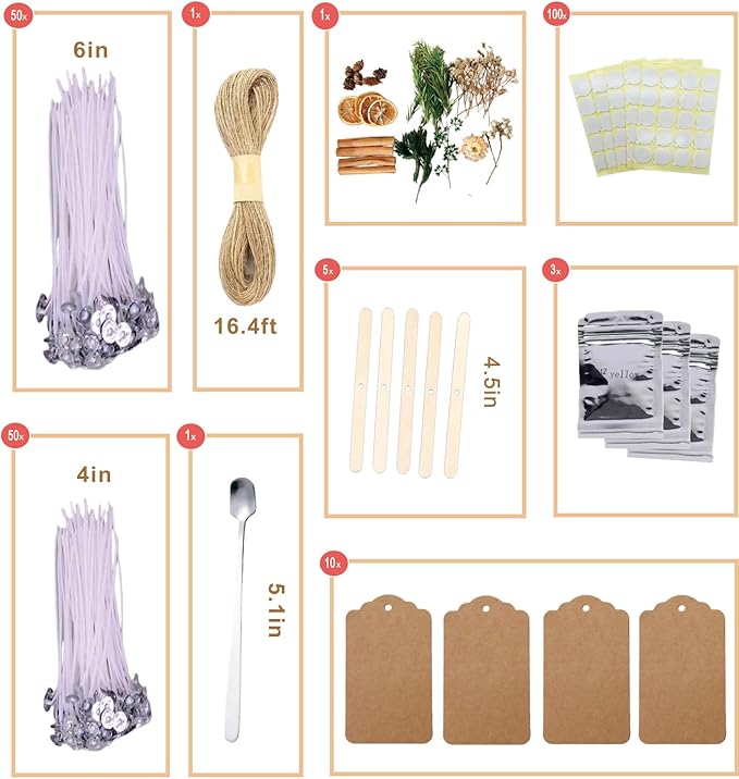 221pcs Candle Making Kit ，with Complete Tool Set：50pcs 4in and 50pcs 6in Cotton Wicks，3Color Dyes，1pack Dries Flowers，5pcs Wick Holders，100pcs Wick Stickers etc for Adults Beginners，Craft Gifts