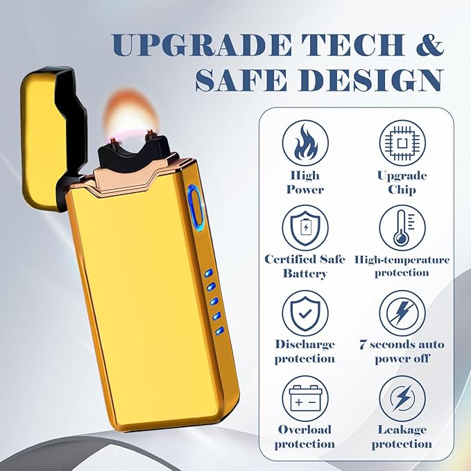 BABOBIU USB Lighter Electric Lighters Rechargeable Arc Lighters with LED Light Power Display Windproof Lighter for Men Boyfriend Husband Candle Incense Stick Outdoor (Glossy Gold)