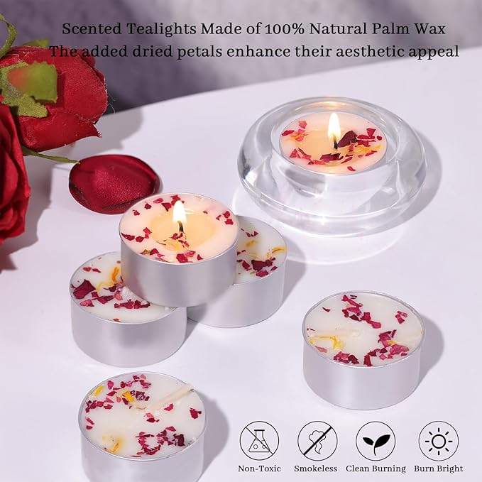 16 Pcs Rose Scented Tealight Candles, 6H Long Burning - 100% Palm Wax Based Scented Tea Lights with Dried Flowers, Non-Toxic/Smokeless Scented Tea Lights Candles for Spa, Bath, Wedding, Valentine