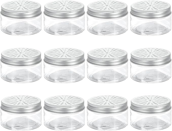 HARFINGTON 12 Pcs Empty Scent Beads Storage Container 3.4oz/100ml Air Freshener Tins Round Refillable Spice Containers Plastic Jars Sample for Air Freshener Candles Travel Storage