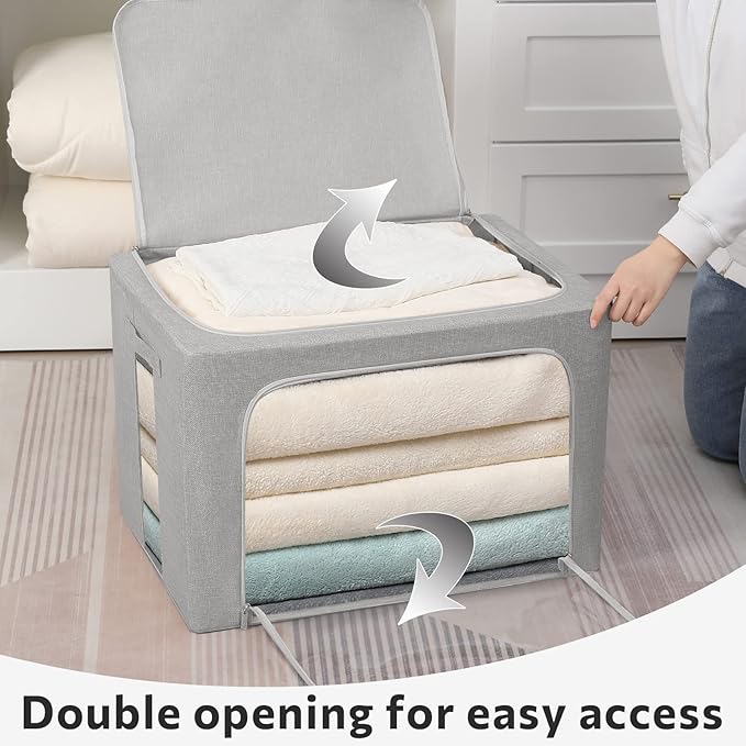 FHSQX 2 Pack Clear Window Storage Bins - Large Stackable Linen Fabric Storage for Clothes Foldable Container Organizer Set with Carrying Handles (Light Gray, 23.6x 16.5x 15.7 Inch)