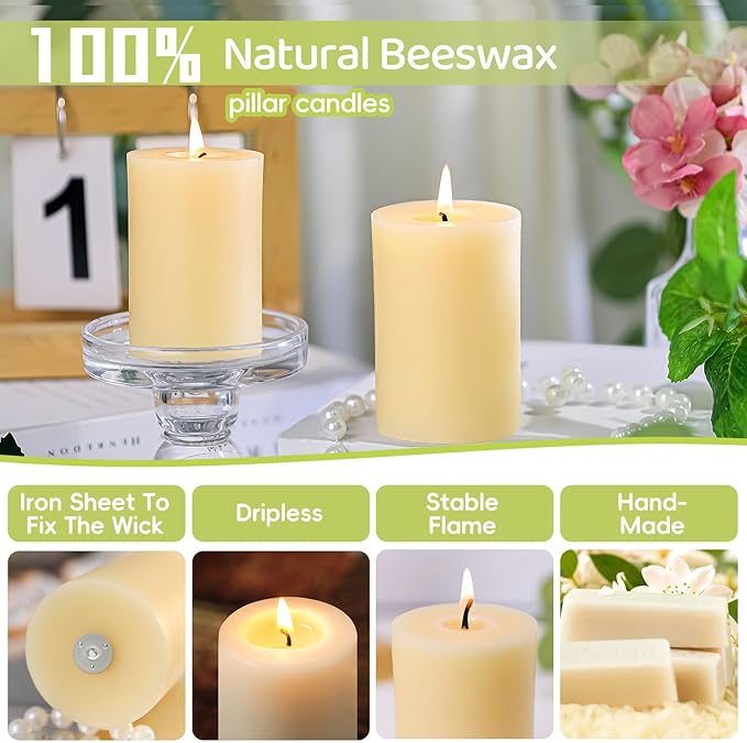 12 Pack Beeswax Pillar Candles,Ivory White Beeswax Candles-360 Hours Long Burning,Unscented Bees Wax Candles for Home,Prayer,Emergency,Dripless Smokeless Organic Pillar Candles 2x3in