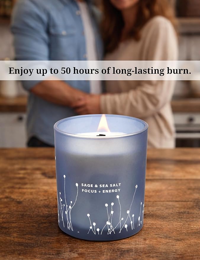 White Sage Sea Salt Wood Wick Soy Scented Candle, 10.6 oz | Sage Candle for Cleansing House | Aromatherapy Energy Cleansing Candle for Home, Meditation, Clean Burning Long Lasting