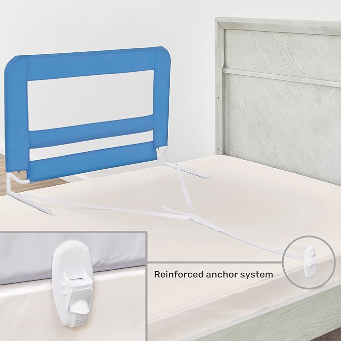 Dream On Me Mesh Security Bed Rail – Toddler Safety Guard with breathable mesh, reinforced anchor system, lightweight, portable, fits adult twin-size beds, Blue