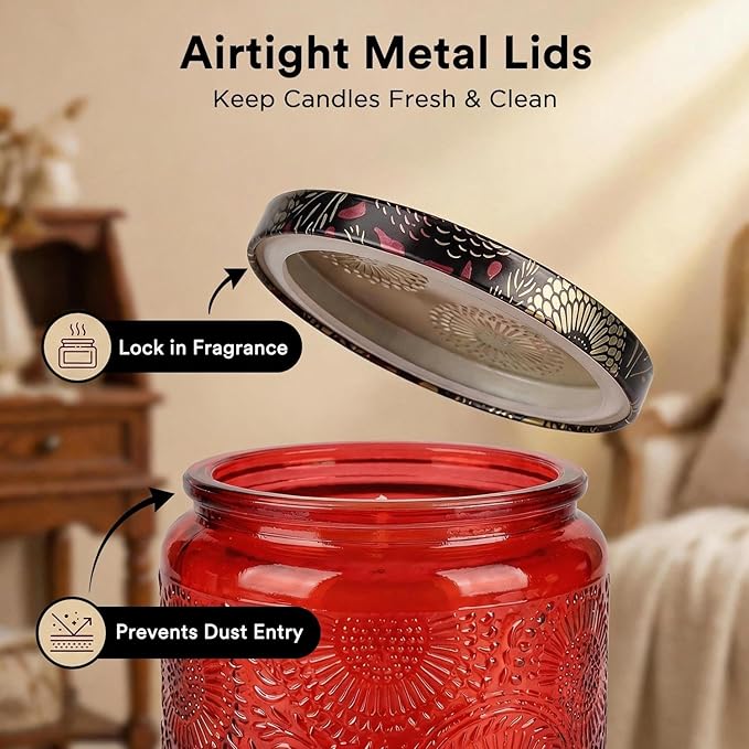 LumaCraft Luxury Embossed Glass Candle Jars for Making Candles - 12 Pack Empty Candle Containers with Airtight Metal Lids, 20 Wicks & 20 Stickers, Colored Glass Jars for Gifts & Decor-4OZ