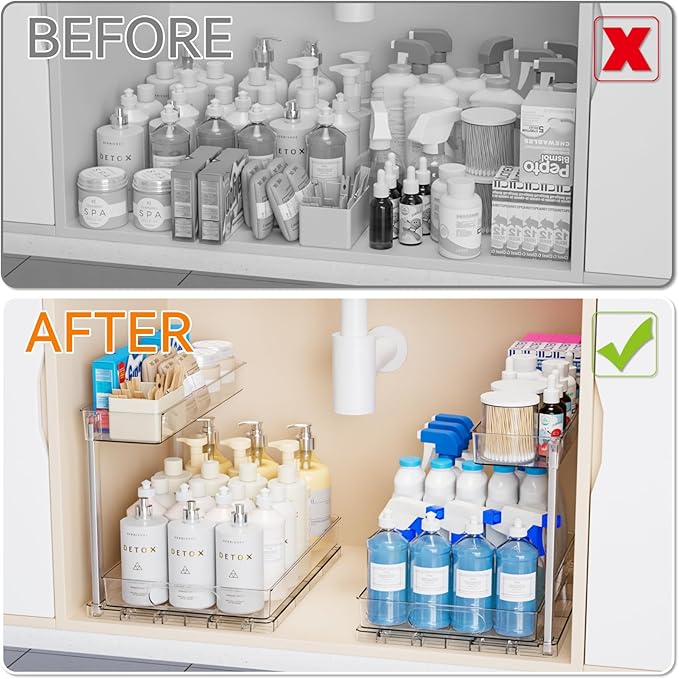 Yieach 2 Pack Under Sink Organizer,14.5″ Deep Sliding Inder Sink Organizer for Kitchen and Bathroom Under the Sink Organizer,2 Tier Undersink Organizers for Vanity,Under Counter Storage Organization