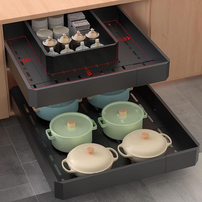 Pull out Cabinet Organizer,Adjustable Width (14"-19") and Depth (17"-24") Expandable,No Drill Slide out Drawers for Kitchen,Pantry,Adhesive Roll out Shelves,for Cabinets Without Lip