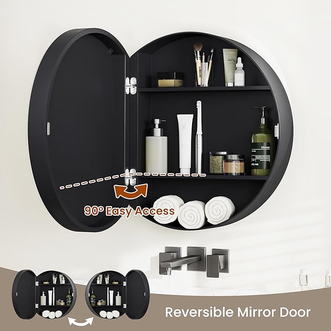 SUNWAVE 20 Inch Round Black Medicine Cabinet with Mirror, Modern Wall Mounted Vanity Cabinet for Bathroom, Circle Bathroom Mirror with Storage, Space-Saving Wood Cabinet (Black, 20 Inch)