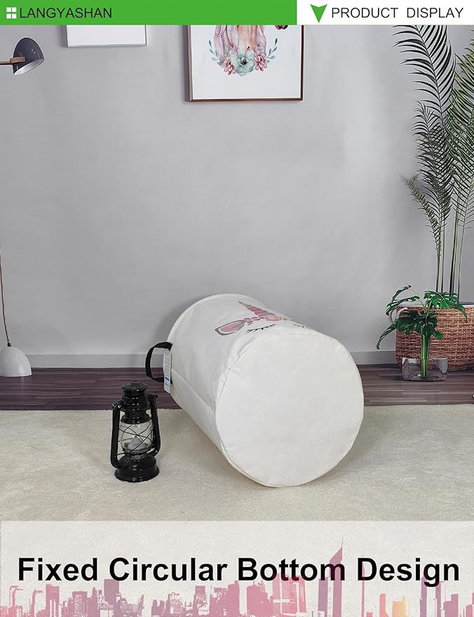 LANGYASHAN Laundry Basket Canvas Fabric Collapsible Organizer Basket for Storage Bin Toy Bins Gift Baskets Bedroom Clothes Children Nursery Hamper (Round Pink Unicorn)