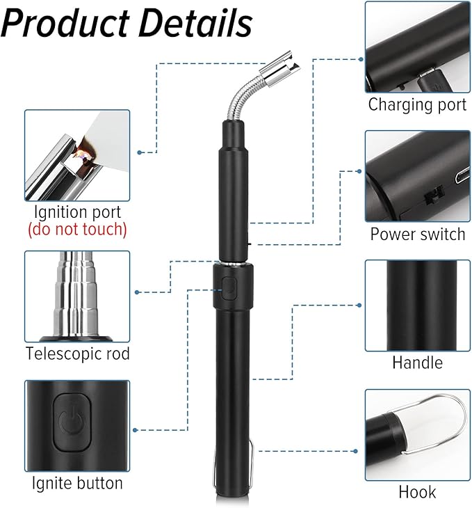 Electric Arc Flexible Neck Long Lighter,Retractable Length 11.4in to 27.55in,Rechargeable Windproof USB Lighter,360° Rotated Ignition Port, Lighters for Candle Fireplace Pilot Light BBQ Grill Black