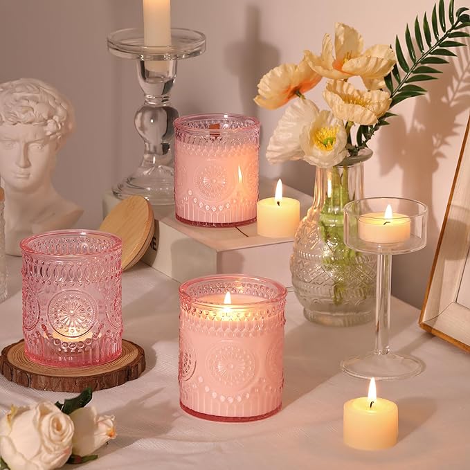 DARJEN 10 Pack Pink Candle Jars for Making Candles- 7.5 OZ Empty Glass Candle Making Jars with Bamboo Lids and Labels, Candle Containers Candle Making Jars for DIY Gifts