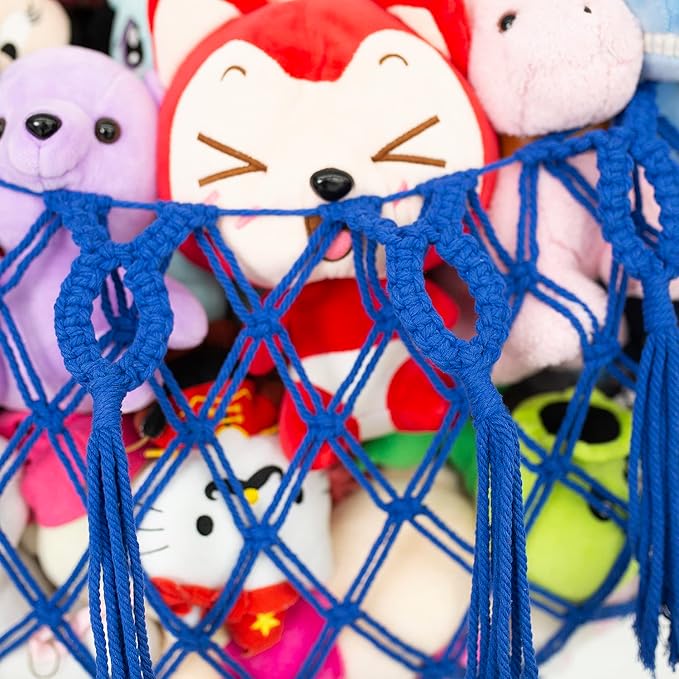 Stuffed Animal Storage Hanging Net or Hammock for Stuffed Animals Handmade Macrame Toy Hammock Plush Toy Hammock Organizer (Blue)