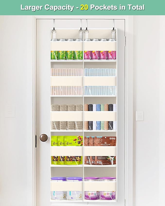 Heavy Duty Over The Door Organizer 5 Tiers, Extra Large Behind Door Storage of 10 Big Front & 10 Mesh Pockets, 80lb Weight Capacity, Hanging Doors Storage for Closet Bedroom Nursery, Beige
