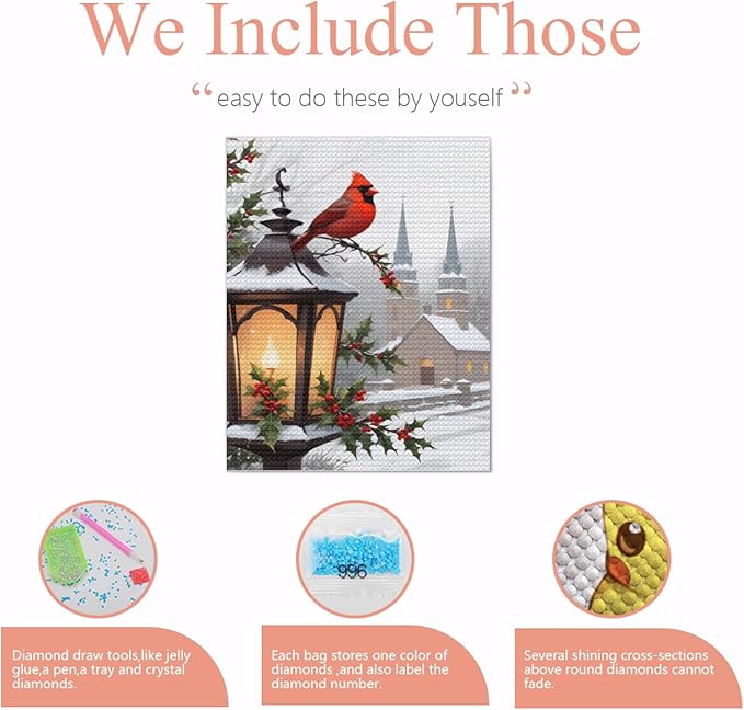 QZOTRXI Christmas Diamond Painting Kits for Adults, 5D Bird Light Church Diamond Art Kits, DIY Round Full Drill Paint with Diamond for Home Wall Decor 10x12 Inch