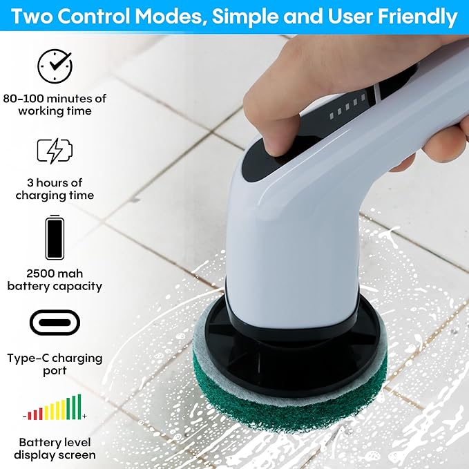 Generic Befrima Electric Spin Scrubber 7 in 1 - Waterproof Electric Cleaning Brush, Cordless Shower Scrubber with Adjustable Handle, Electric Spin Scrubber 360° and Dual Speed for Cleaning Bathroom