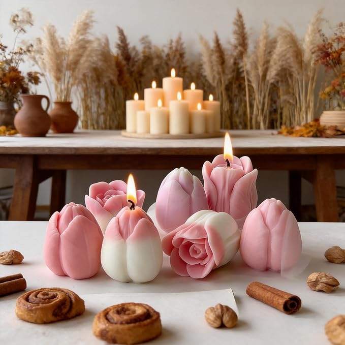 3 PCS Tulip Flower Silicone Molds 3D Floral Resin Candle Soap Mold Flower Fondant Chocolate Cake Decoration Mold for Candle Making for DIY Epoxy Resin Crafts,Polymer Clay Craft,Home Decor Mould