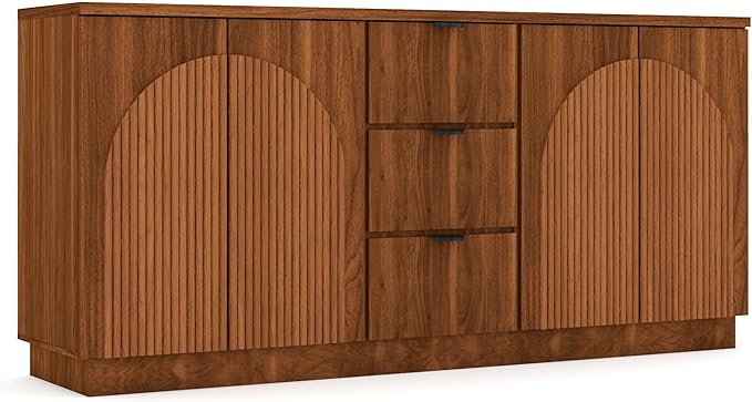 Brafab 67" Mid Century Modern Style Storage Sideboard with 4 Arched Reeded Design Doors and 3 Drawers with Adjustable Shelves, Suitable for Living Rooms, Studies and Dining Rooms (Walnut, 2 PCS)