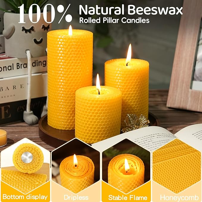 Hand-Rolled Beeswax Candles,2.8x3in-6PCS,All Natural Honeycomb Beeswax Pillar Candles,144 Hours Long Burning Bees Wax Candles for Home,Dripless Smokeless Unscented Honeycomb Pillar Candle