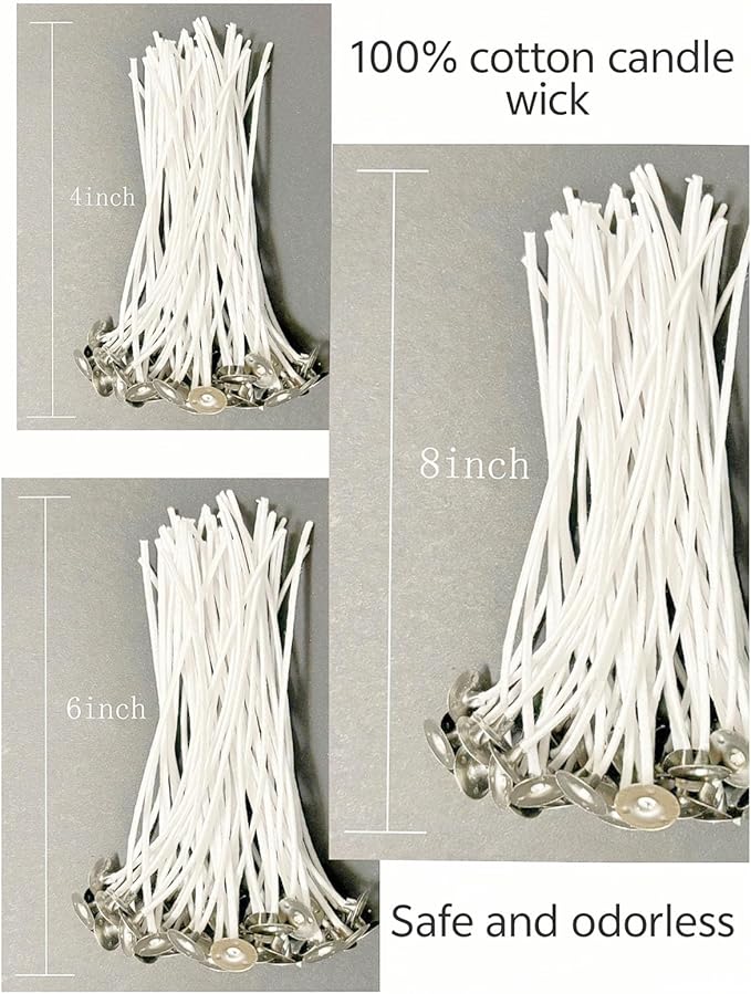 30Pcs Candle Wicks 4 Inch,40Pcs Candle Wicks 6Inch,30Pcs Candle Wicks 8 Inch,100pcs Candle Wick Stickers,Candle Wick Centering Device,20 Pcs Metal Sustainer Tabs,5pcs Candle Wick
