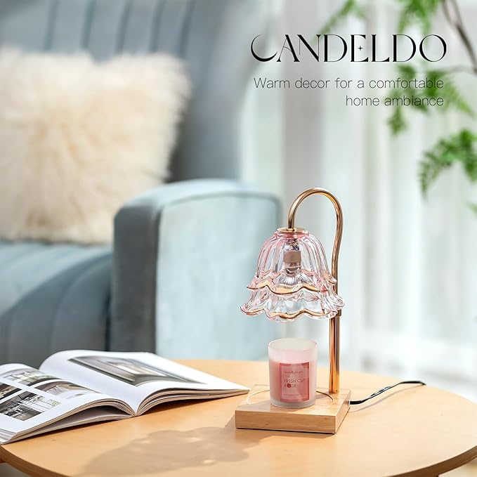 Candeldo Candle Warmer Lamp with Timer: Pink Flower Candle Warming Lamp with 2 Bulbs Height Adjustable Wax Warmer Dimmable Bedroom Mothers Day Decor Gift for Women
