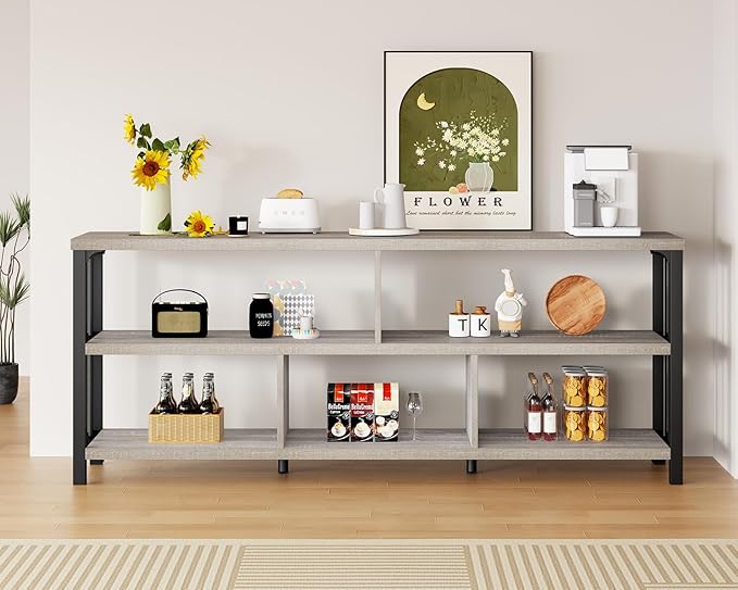 IBF Grey Bookshelf, Industrial 63” Long Open Book Shelf, Wide 5 Cube Gray Horizontal Bookcase for Home Bedroom, 3 Tier Wood Metal Low Cubby Storage Organizer Shelf for Living Room, Light Grey Oak