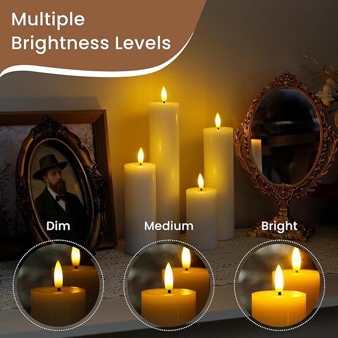 Rechargeable Flameless Flickering Tall Wax Remote 2.2" x4" 6" 8" 10" White Candles, Timer Set of 4 LED Battery Operated Fake Warm Light Pillar Candles(Included USB Charging Cable with 2 Ports)