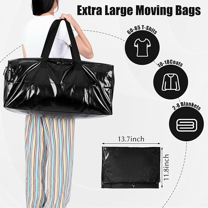 12 Pack Moving Bags with Strong Zippers Handle, Extra Large Heavy Duty Moving Bags Storage Totes for Space Saving Dorm Room Packing Clothes Containers Essentials Supplies(Black)