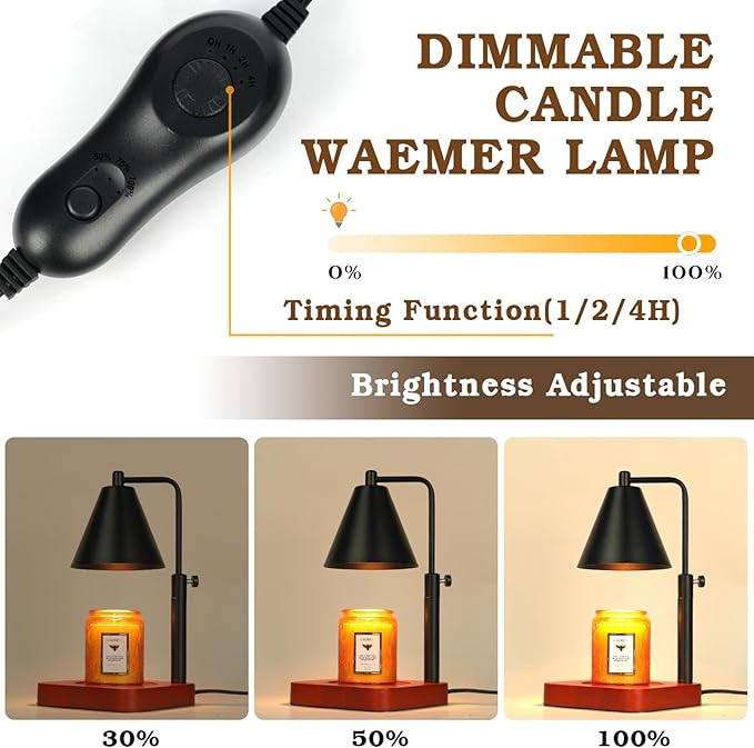 Modern Candle Warmer Lamp with Timer, Black Candle Lamp Warmer for Jar Candles, Mothers Day Birthday Gifts for Women, Dad, Men, Adjustable Metal Candle Lamp Dimmable, Vintage Home Decor, 2*35Watt Bulb