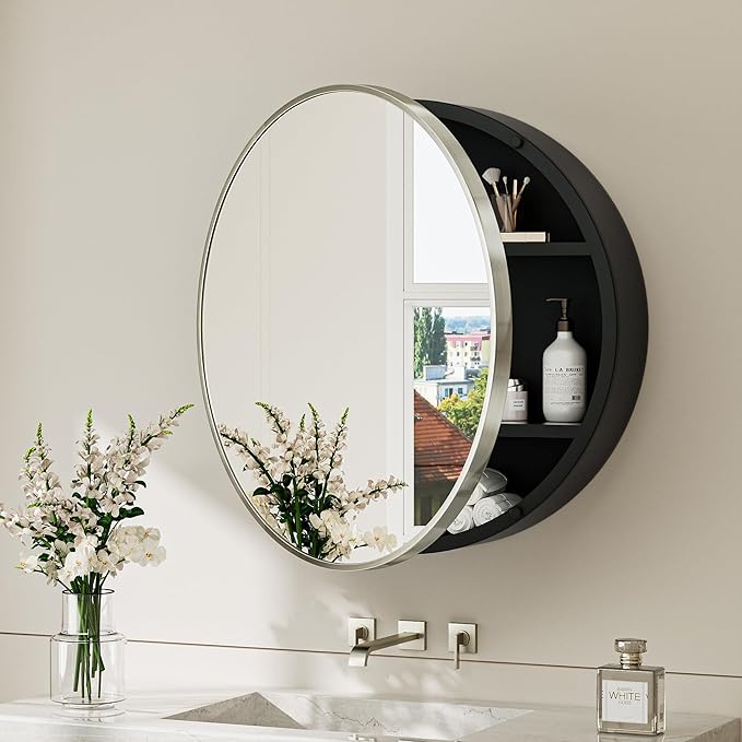 TokeShimi 24 x 24 Round Medicine Cabinet for Bathroom, Brushed Nickel Circle Medicine Cabinet Mirror Shatterproof with Stainless Steel Metal Frame, Detachable Shelves, Wall Mounted Only