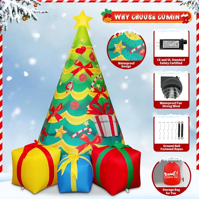 COMIN 7 FT Christmas Decorations Inflatables Tree Outdoor Blow Up Yard Gift Box with Built-in LEDs for Indoor Party Garden Lawn Decor