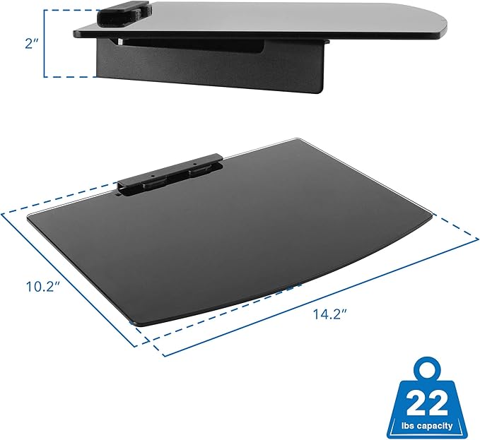 Mount-It! Floating Wall Shelf – Tempered Glass Media Shelf for Cable Box, DVD Player, Gaming Consoles (PS5, Xbox, Roku), Projector – Wall-Mounted w/Steel Frame, Cable Management, 22 lb Capacity