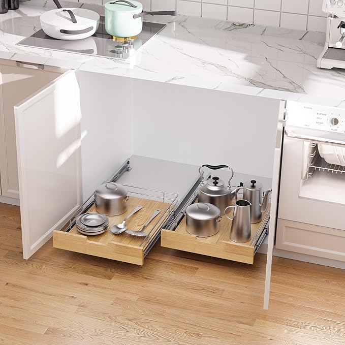 Sikarou Pull Out Cabinet Organizer,Heavy-Duty Slide Out Shelf, Wood And Wire Basket, Pull Out Drawer for for Kitchen Under Sink Space, Pantry, Bathroom (11 * 21 WM)
