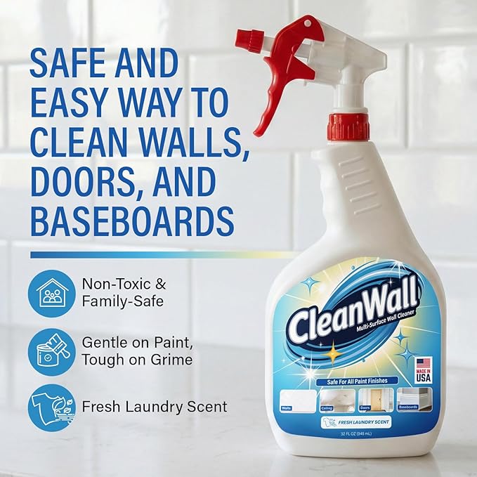 CleanWall Wall, Door & Baseboard Cleaner Spray – 32 oz Multi-Surface Formula Safe for Painted Walls – Made in USA – Family-Friendly – Tackles Everyday Kid Messes like Handprints, Smudges & Crayon