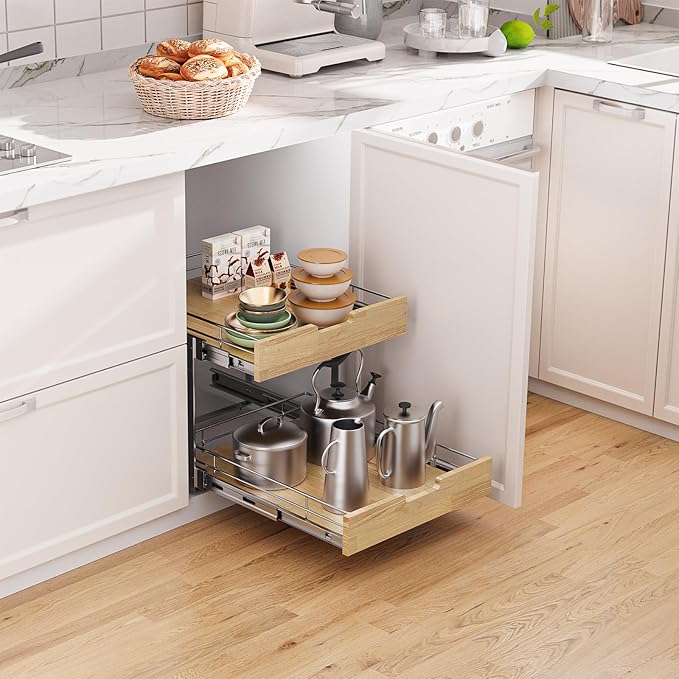 Sikarou Pull Out Cabinet Organizer,Heavy-Duty Slide Out Shelf, Wood and Wire Basket, Pull Out Drawer for for Kitchen Under Sink Space, Pantry, Bathroom, 2 Tie 17 * 21 in