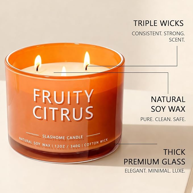 Fruity Citrus Scented Candle, Luxury Large 3 Wick Soy Candle 12 Oz, 60+ Hour Long Lasting Clean Burn, Elegant Aromatherapy Home Decor, Housewarming & Birthday Gift for Women & Men