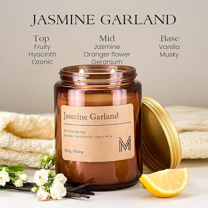 M&SENSE Jasmine Garland Scented Christmas Candle Gift | 19.4oz, 115-Hour Burn | Natural Organic Soy Wax | Long-Lasting for Stress Relief and Gifting | for Christmas, Thanksgiving, Holiday