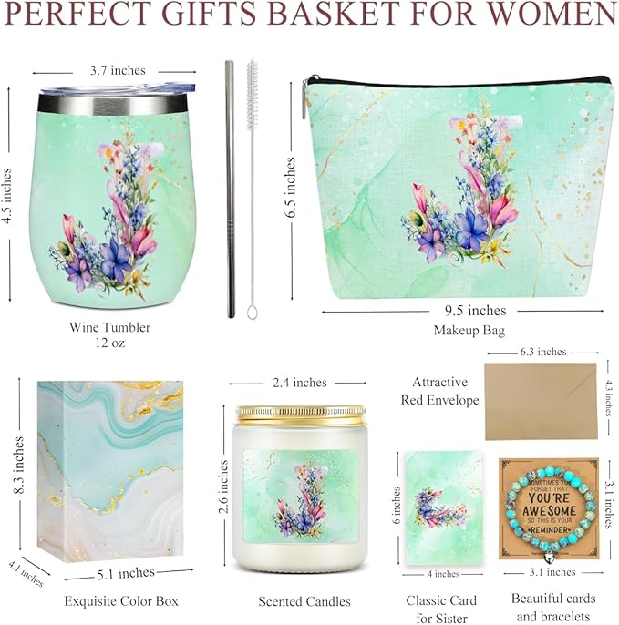 Personalized Gifts Monogrammed Birthday Gifts for Women, Maid of Honor Bachelorette Wedding Christmas Initial Wine Tumbler Makeup Bag Scented Candle Bracelet Set, (Aesthetic Green Flower J)