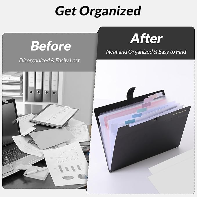 SKYDUE Accordion File Organizer, Expanding File Folder with 8 Pockets, Portable Document Paper Receipt Organizer, Letter/A4 Size Filing Folder School Office Supplies Black