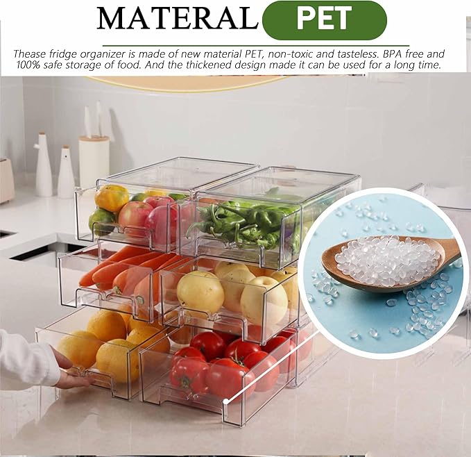 bealy 2 Pack Stackable Clear Storage Drawer,Clear Refrigerator Organizers and Storage Drawer, Pull Out Drawer for Fridge Kitchen Bathroom Cabinet Closet Organizer Pantry