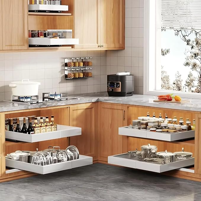 Pull-out Cabinet Organizer, ExpandableHeavy Duty Slide out Drawers Fixed with Adhesive Nano Film for Pots, Roll out Shelf Storage for Kitchen Base Cabinet Organization (white-2PCS)