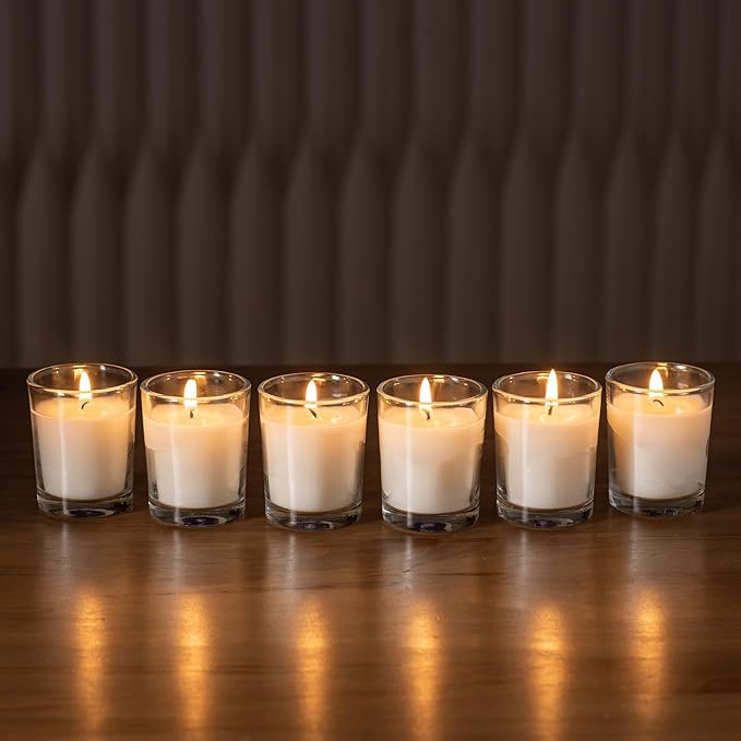 Housecret 48 Pack Warm White Unscented Clear Glass Filled Votive Candles. Hand Poured Wax Candle Ideal Gifts for Aromatherapy Spa Weddings Birthdays Holidays Party