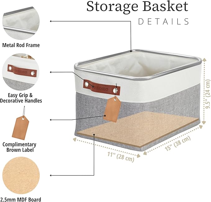 DECOMOMO Storage Baskets for Shelves - Fabric Storage Bins, Linen Closet Organizers and Storage (Grey & White, Large - 1 Pack)