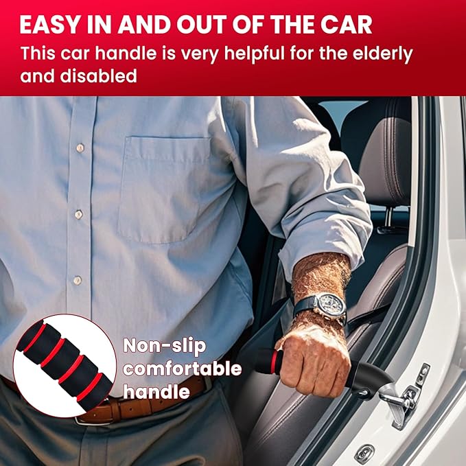 KOUNATSURI Car Handle Assist for Elderly Car Door Handle Multifunction Handle Car Door Latch Handle for Seniors and Handicapped(Red, Handle with Two Straps)