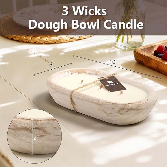 Woodronic 3 Wick Dough Bowl Candle, Lavender Scented Candle with White Wooden Bowl, 10 Inch Large Soy Wax Candle for Home Decor, Living Room, Bedroom, Perfect Gifts for Men & Women