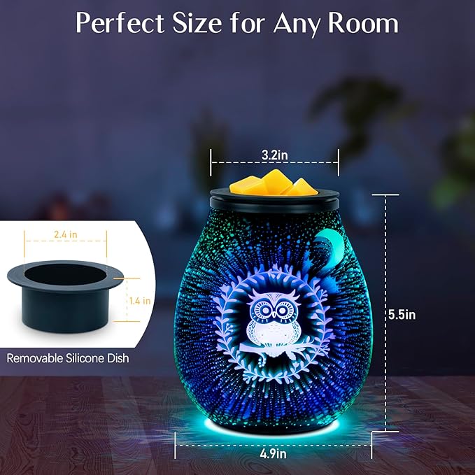 EQUSUPRO Wax Melt Warmer Wax Melter Wax Burner for Scented Wax Melts Electric Fragrance Warmer for Wax Cubes & Tarts, Vivid 3D Design 7 Colors LED Light Gift & Decor for Home Office Studio (3D Owl)