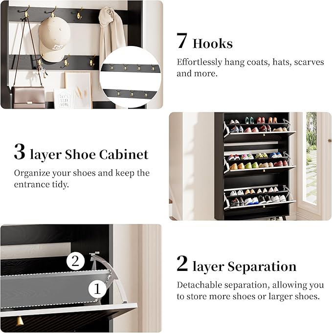 Fsbecl Shoe Cabinet for Entryway with 3 Flip Drawers & Coat Rack, Narrow Hidden Shoe Storage Cabinet with Fluted Panel, 2-in-1 Hall Tree Slim Freestanding Shoe Rack Organizer for Hallway, Black