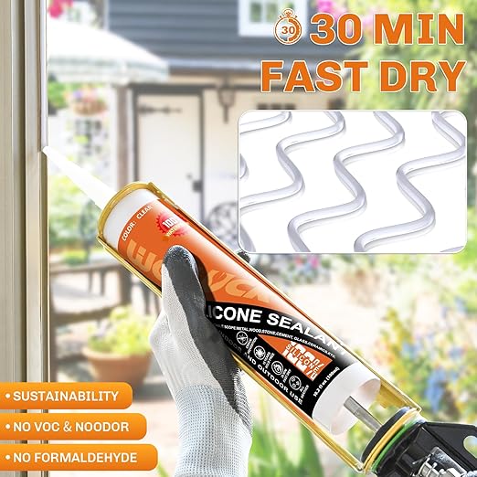 WELLUCK Clear Silicone Caulk, 100% Waterproof Silicone Sealant Adhesive Caulking,for RV, Kitchen,Bathroom, Window, Door, Glass,10.2FL.OZ/300ML (12 Pack)