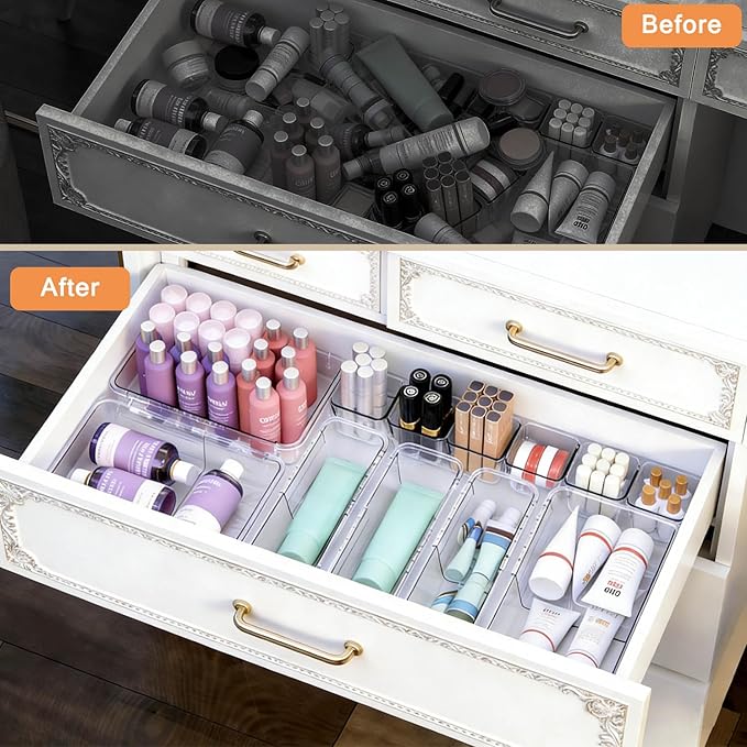 14 PCS Adjustable Clear Drawer Organizer Set - 3-Size Acrylic Storage Boxes for Makeup, Stationery, Kitchen Utensils, Tools & Bedroom Dresser Organization